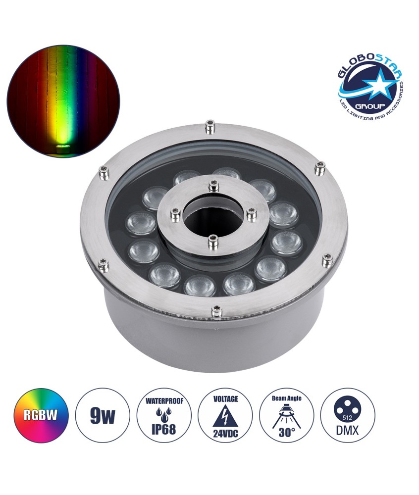 GLOBOSTAR® UNDERWATER-FINA 90675 Υποβρύχιος Προβολέας Σποτ για Σιντριβάνια-Πισίνες LED 9W 945lm 30° DC 24V Αδιάβροχο IP68 RGBW DMX512 Dimmable - Ανοξείδωτο Ατσάλι 304 - Φ16 x Υ8cm - 3 Χρόνια Εγγύηση